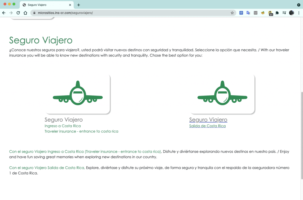 seguro viajero salida de costa rica